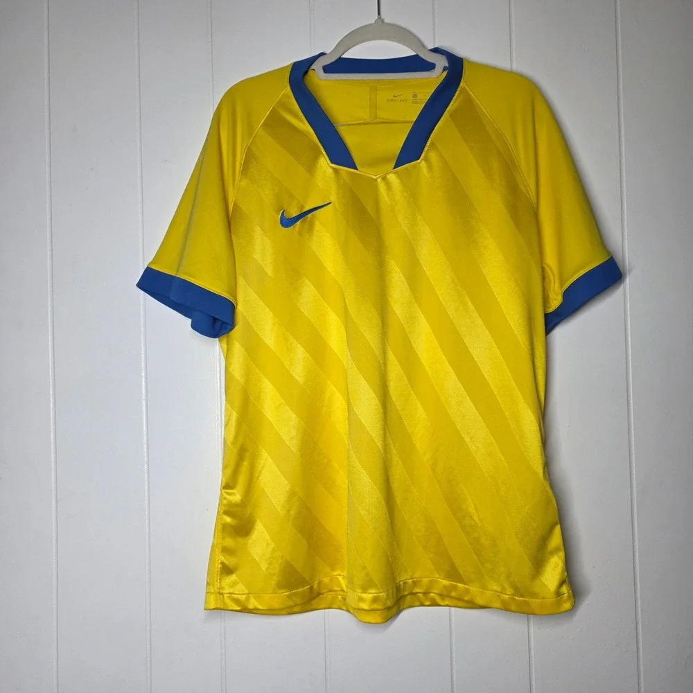 Nike Soccer Jersey Mens XL Yellow Blue Dri-FIT Shadow Stripe Training Shirt